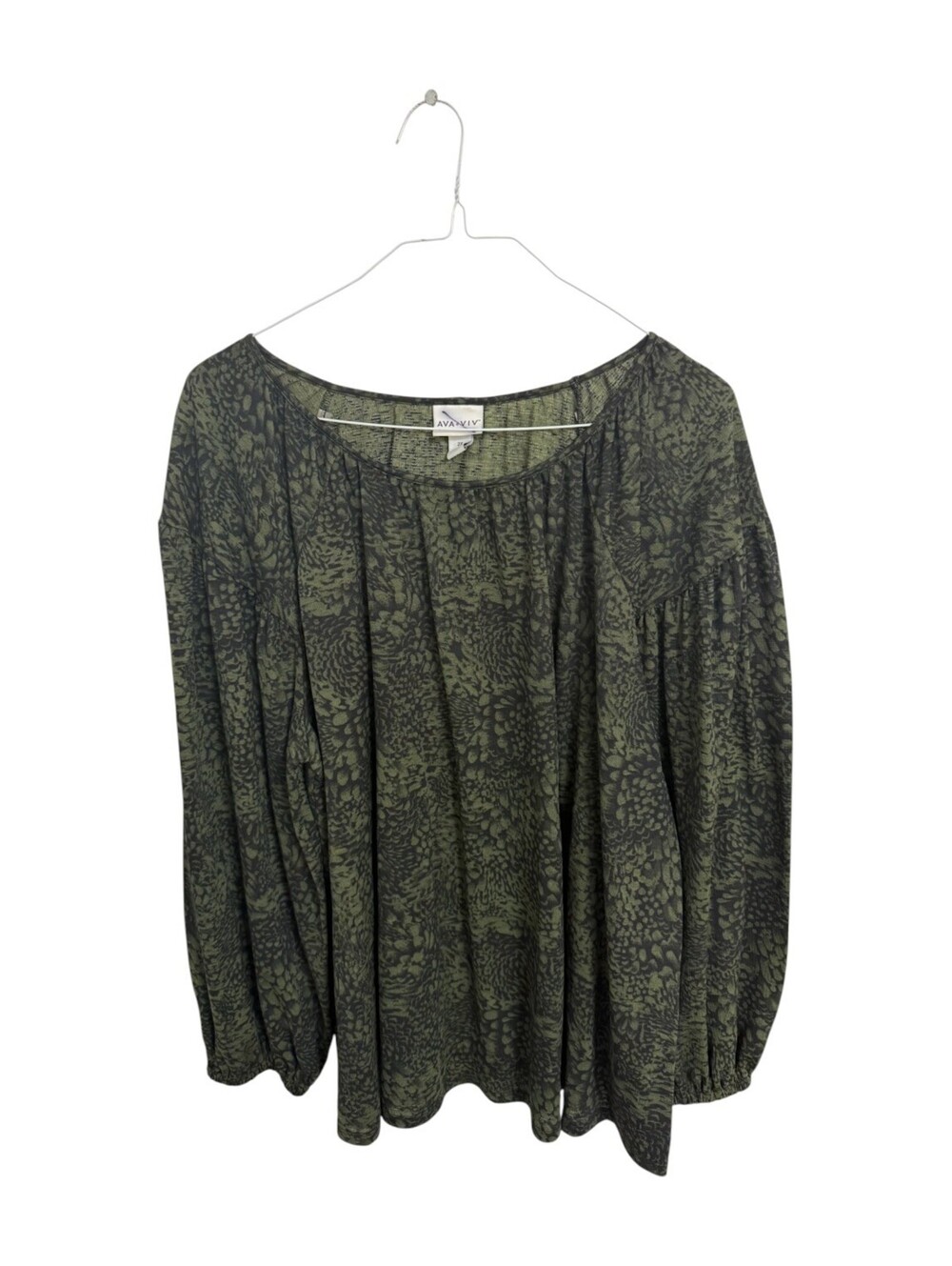Ava & Viv Women's 2X Green & Black Patterned LS Blouse Boho Earthy Safari Lux